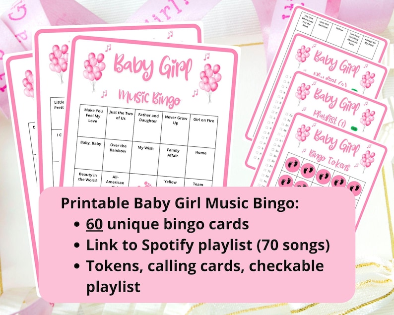60 Baby Girl Music Bingo cards - music bingo - baby shower bingo - virtual baby games - girl baby shower - baby shower music - Spotify bingo - music playlist bingo -fun baby shower game - virtual baby games - baby shower activity - gender reveal game