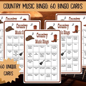 Country Music Bingo - 60 bingo cards music games - musical bingo - western bingo - Spotify playlist bingo - country bingo - musical games - country western gaming - country music - honky tonk - george strait - musical game - honkytonk - countrysongs