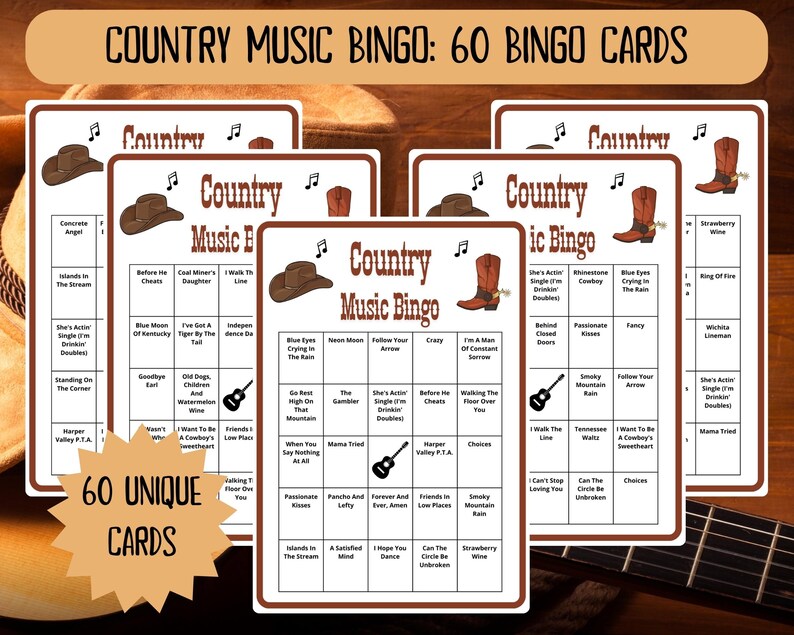 Country Music Bingo - 60 bingo cards music games - musical bingo - western bingo - Spotify playlist bingo - country bingo - musical games - country western gaming - country music - honky tonk - george strait - musical game - honkytonk - countrysongs