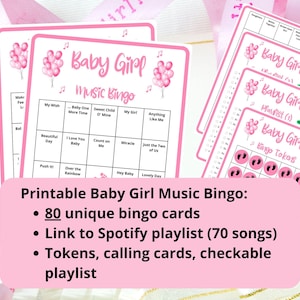 80 Baby Girl Music Bingo cards - baby shower bingo - virtual baby shower - girl baby shower - baby shower activity - incl Spotify playlist