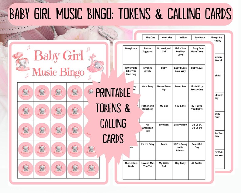 40 Baby Girl Music Bingo cards - music bingo - baby shower bingo - virtual baby games - baby trivia - baby shower jeopardy - Spotify playlist - musical bingo - girl baby shower - virtual baby shower - baby shower activity - gender reveal games pink