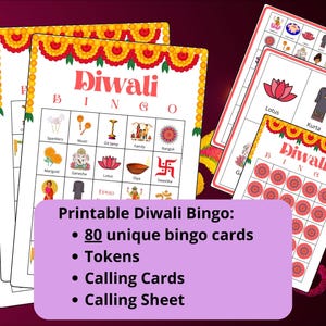 Bingo de Diwali - 80 cartões - Atividades de Diwali - Jogos de reunião de família indiana - Decorações de Diwali - Jogo de Diwali - Crianças de Diwali - Decoração Deepavali