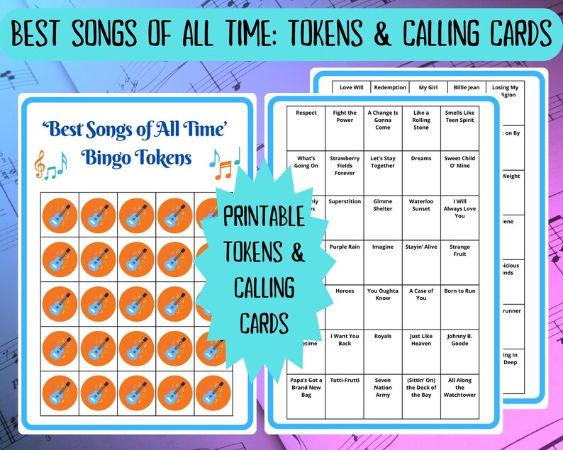 20 Best Songs of All Time Music Bingo cards - musical bingo - 50s 60s 70s 80s 90s 00s 10s music - team building games - Spotify playlist - family reunion bingo - sing-a-long - songs of the decade - boom box - bingo game - bar games - coworker bingo