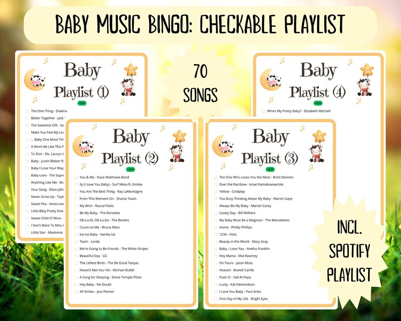 100 Baby Music Bingo cards - musical bingo - baby shower bingo - virtual baby shower - baby girl bingo - baby boy bingo - Spotify playlist - baby sprinkle bingo - cowboy western baby shower activity - baby family feud - baby songs bingo - jeopardy