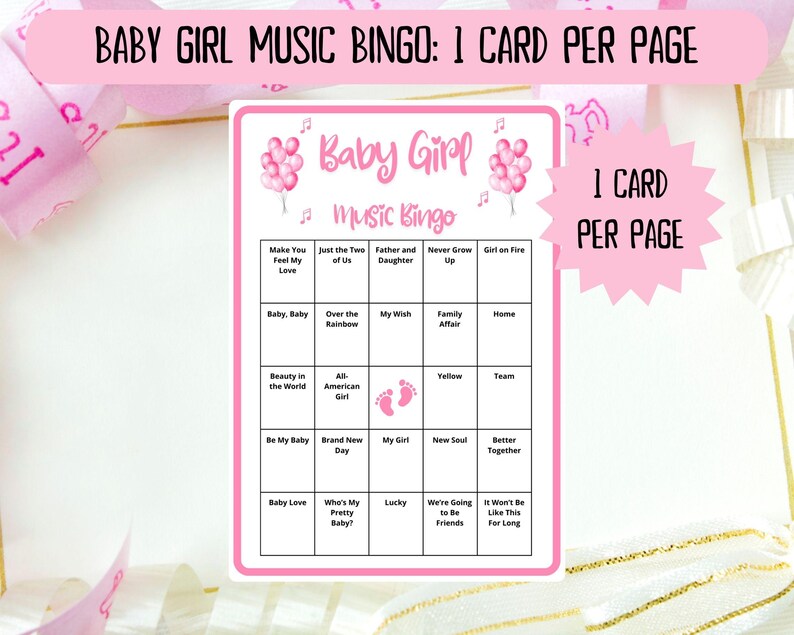 60 Baby Girl Music Bingo cards - music bingo - baby shower bingo - virtual baby games - girl baby shower - baby shower music - Spotify bingo - music playlist bingo -fun baby shower game - virtual baby games - baby shower activity - gender reveal game