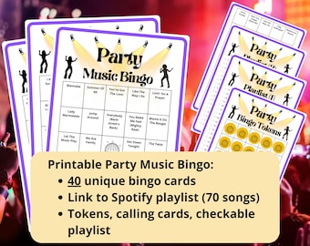 Party Music Bingo - 40 cards - Spotify playlist - musical party bingo - team build - reunion fun game - disco dance bingo - teambuilders