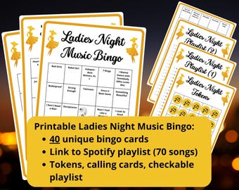 Bingo de Noche de Damas - 40 cartones de bingo musical - Juegos de noche de damas - Bingo de noche de chicas - Bingo con lista de reproducción de Spotify - Juegos de bingo de Galentine - Diversión
