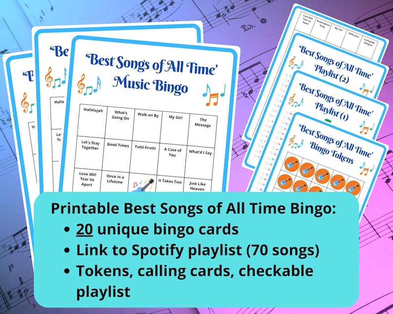 20 Best Songs of All Time Music Bingo cards - musical bingo - 50s 60s 70s 80s 90s 00s 10s music - team building games - Spotify playlist - family reunion bingo - sing-a-long - songs of the decade - boom box - bingo game - bar games - coworker bingo