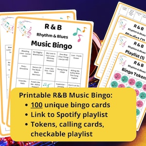 100 tarjetas de bingo de música R&B - Bingo de ritmo y blues - Juego de música - Juegos para fortalecer el equipo - Noche de juegos divertidos para romper el hielo - Incluye lista de reproducción de R&B en Spotify