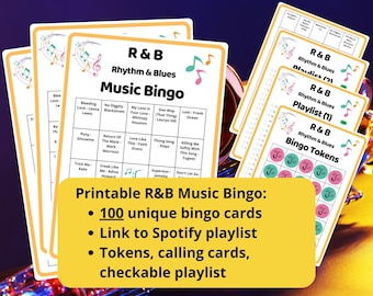 100 R&B Music Bingo cards - Rhythm and Blues bingo - music game - team bonding games - fun icebreaker game night - incl RnB Spotify playlist