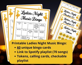 Ladies Night Music Bingo - 60 cartelas de bingo - jogos para a noite das mulheres - bingo para a noite das mulheres - jogos para a noite das meninas - lista de reprodução - jogos para despedida de solteira