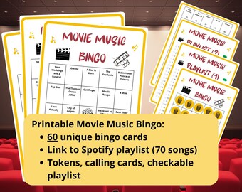 Movie Music Bingo - 60 musical bingo cards - film music game - movie bingo - Spotify playlist - movie trivia - family game night activity