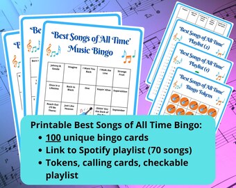 100 Best Songs of All Time Music Bingo cards - music game - team bonding games - fun icebreaker - family game night - incl Spotify playlist