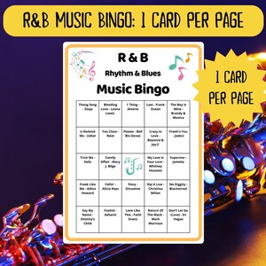 80 RnB Music Bingo cards - Rhythm and Blues - music games - team building game - class reunion bingo - family reunion bingo - Spotify playlist - RnB Soul Pop Songs - RnB bingo - pub crawl bingo - bar bingo - RnB songs bingo - soul music - printable