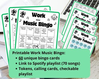 Bingo de trabajo: 60 tarjetas de bingo musical, bingo para empleados, juegos para reuniones de personal, juegos de formación de equipos, bingo para el personal, lista de reproducción de Spotify para compañeros de trabajo