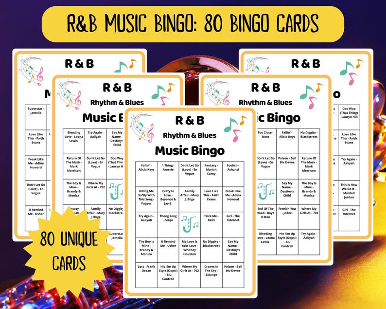 80 RnB Music Bingo cards - Rhythm and Blues - music games - team building game - class reunion bingo - family reunion bingo - Spotify playlist - RnB Soul Pop Songs - RnB bingo - pub crawl bingo - bar bingo - RnB songs bingo - soul music - printable