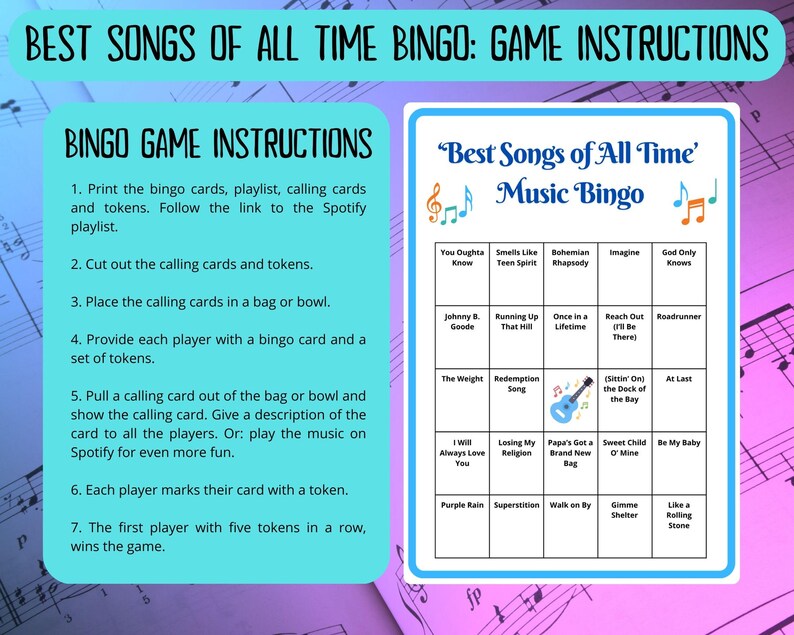 20 Best Songs of All Time Music Bingo cards - musical bingo - 50s 60s 70s 80s 90s 00s 10s music - team building games - Spotify playlist - family reunion bingo - sing-a-long - songs of the decade - boom box - bingo game - bar games - coworker bingo
