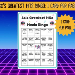 80 80s Greatest Hits Music Bingo cards - music bingo - 80s music - team building games - incl Spotify playlist - family reunion bingo - sing-a-long - songs of the decade - boom box - party game - bingo game - bar games - bar bingo - pub crawl bingo