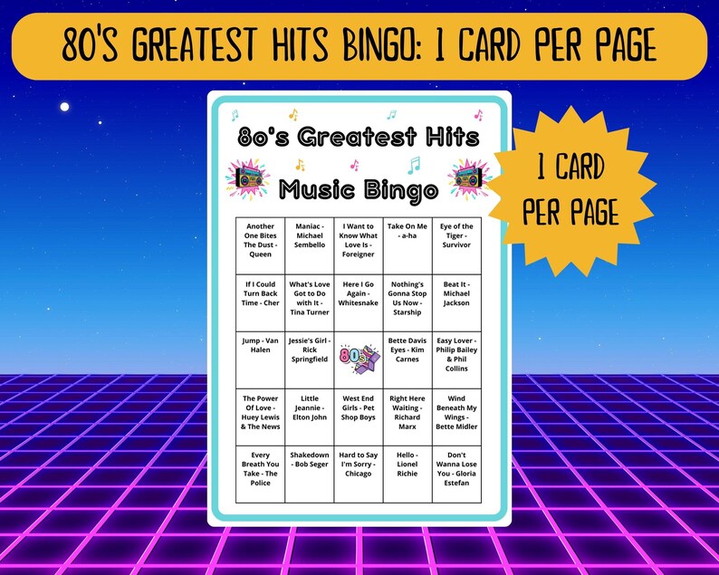 80 80s Greatest Hits Music Bingo cards - music bingo - 80s music - team building games - incl Spotify playlist - family reunion bingo - sing-a-long - songs of the decade - boom box - party game - bingo game - bar games - bar bingo - pub crawl bingo
