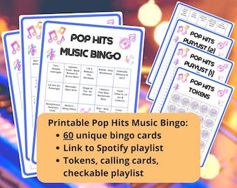 Pop Hits Music Bingo - 60 cards - musical bingo - musical party game - team build games - printable game with Spotify playlist - 80s 90s 00s
