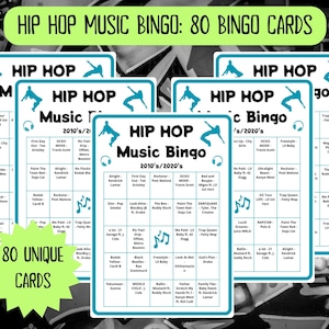 80 Hip Hop Music Bingo cards - recent hip hop music bingo - 2010s 2020s Hip Hop music - friends game night - incl Spotify playlist - bar bingo - hip hop legends - family reunion bingo - old school hip hop - do the right thing - hip hop music games