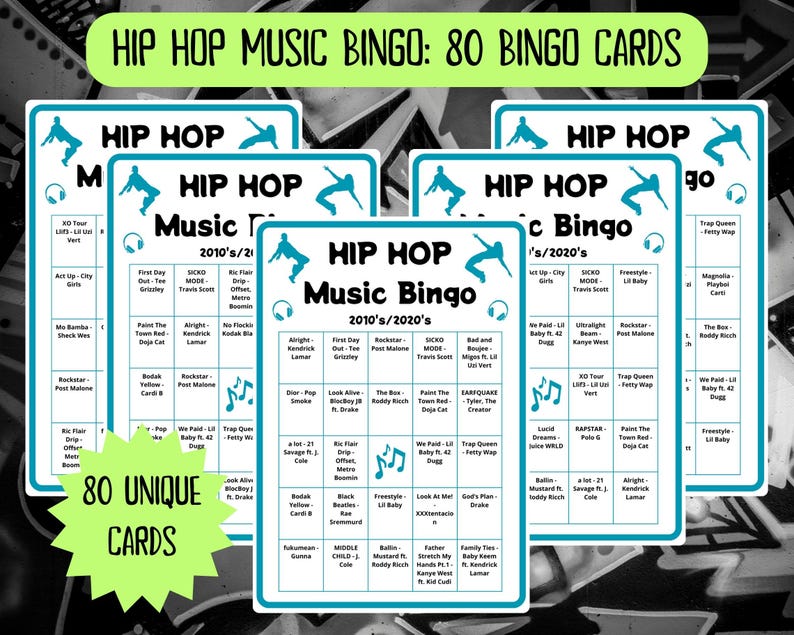 80 Hip Hop Music Bingo cards - recent hip hop music bingo - 2010s 2020s Hip Hop music - friends game night - incl Spotify playlist - bar bingo - hip hop legends - family reunion bingo - old school hip hop - do the right thing - hip hop music games