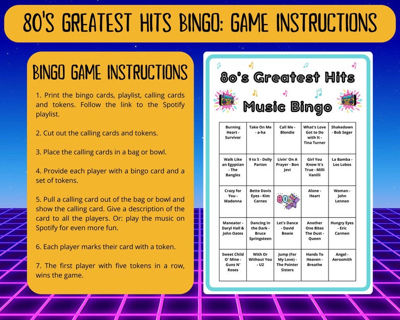 80 80s Greatest Hits Music Bingo cards - music bingo - 80s music - team building games - incl Spotify playlist - family reunion bingo - sing-a-long - songs of the decade - boom box - party game - bingo game - bar games - bar bingo - pub crawl bingo