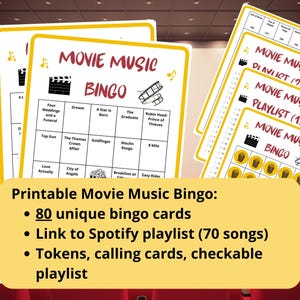 Movie Music Bingo - 80 bingo cards - music bingo games - family movie night bingo - soundtracks bingo - song bingo printable - singo bingo