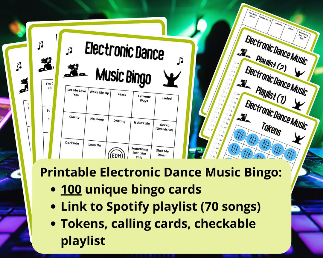 Electronic Dance Music Bingo - 100 Bingo Cards - Dance Bingo - Musical ...