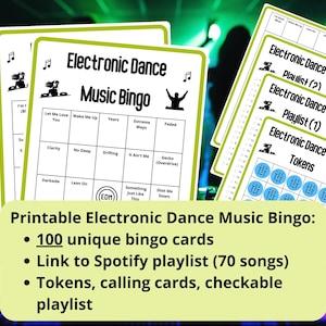 Elektronische dansmuziekbingo - 100 bingokaarten - dansbingo - muzikale bingo - teambuilderspellen - leuke ijsbreker - dj edm Spotify-afspeellijst