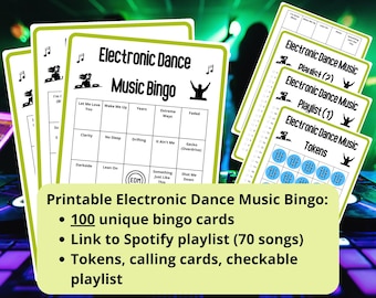 Electronic Dance Music Bingo - 100 bingo cards - dance bingo - musical bingo - teambuilder games - fun icebreaker - dj edm Spotify playlist