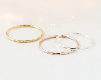 stacking rings set of THREE. sterling silver, rose and yellow gold fill. knuckle ring. minimalist stackable ring. dainty hammered stack ring