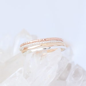 FOUR mixed metal stack rings. SILVER & GOLD textured stacking rings. minimalist rings. sterling silver, yellow, rose gold filled rings. 1mm
