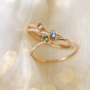 Stackable Gemstone Ring Set of THREE Rings in Sterling Silver, Gold Fill, Rose. Mothers Stacking Birthstone Bands. Hammered Stardust Texture