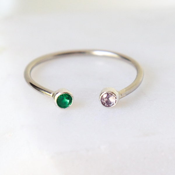 dual birthstone ring. two stone ring. gemstone couples ring. sterling silver. double birthstone ring. stacking ring.
