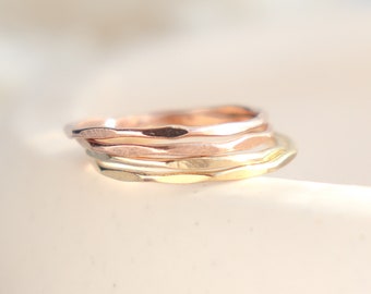 SOLID 14k gold or rose gold stacking ring. super skinny slim. hammered and shiny. ONE. classic gold stack ring.