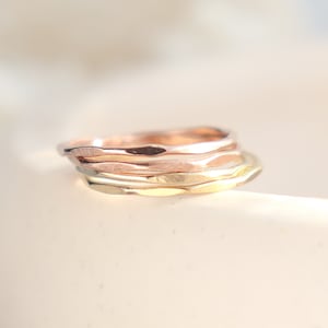 SOLID 14k gold or rose gold stacking ring. super skinny slim. hammered and shiny. ONE. classic gold stack ring.