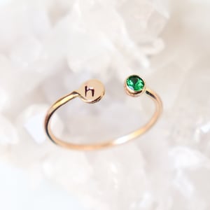personalized SOLID 14k GOLD initial dual birthstone ring. gemstone stacking ring. birthstone ring. mothers ring. horseshoe ring. letter ring