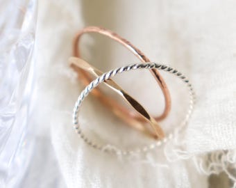 stackable rings. set of THREE stacking bands. minimalist hammered boho rings. knuckle midi rings. gold filled sterling silver and rose. 1mm