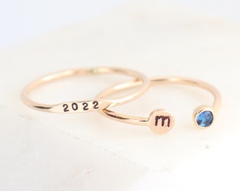 GOLD personalized class ring. graduation rings. class of 2023. initial ring. 14k gold fill custom birthstone gemstone ring set. gift for her