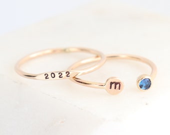 GOLD personalized class ring. graduation rings. class of 2025. initial ring. 14k gold fill custom birthstone gemstone ring set. gift for her