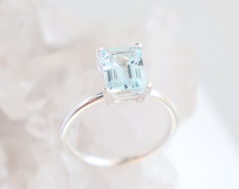 Aquamarine Ring. March Birthstone Natural Gemstone Ring. 6x8 mm Emerald Cut Stone. Mothers Ring. Unique Engagement Solitaire Ring for Her.