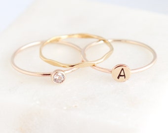 personalized gold stacking ring SET. initial ring. gold diamond ring. stackable rings. monogram ring gift for her. mothers ring. mothers day