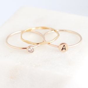 personalized gold stacking ring SET. initial ring. gold diamond ring. stackable rings. monogram ring gift for her. mothers ring. mothers day image 1