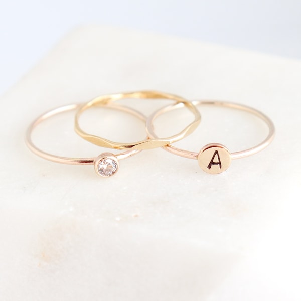 personalized gold stacking ring SET. initial ring. gold diamond ring. stackable rings. monogram ring gift for her. mothers ring. mothers day