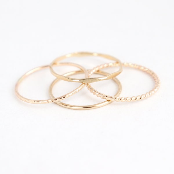 GOLD stacking rings. SET of four. skinny slim. stack ring. hammered. shiny. 14k gold filled classic stack ring. knuckle ring. midi ring.