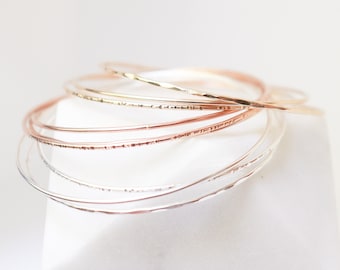 bangle bracelets. set of three 14k gold filled minimalist bracelets. sterling silver, gold or rose textured bracelets. stackable hammered.