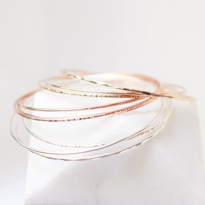 bangle bracelets. set of THREE 14k gold filled minimalist bracelets. sterling silver, gold or rose textured bracelets. stackable hammered.