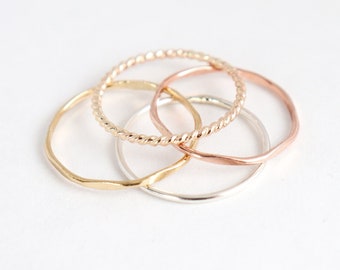 stacking ring set. SILVER & GOLD stacking rings. FOUR mixed metal stack rings. minimalist rings. sterling silver, yellow, rose gold rings.