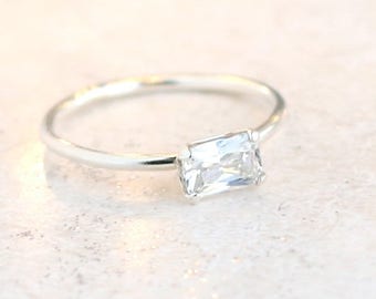 diamond ring / silver stacking ring with April birthstone. ONE stackable gemstone ring. sterling silver. mothers ring. slim stacking ring.